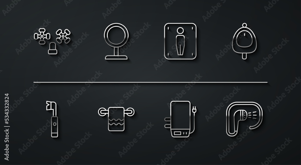 Sticker Set line Water tap, Electric toothbrush, Toilet urinal or pissoir, boiler, Towel on hanger, Round makeup mirror, Shower and Male toilet icon. Vector