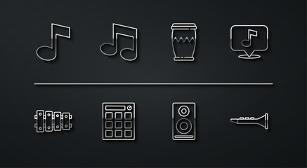 Set line Music note, tone, Xylophone, Musical, Stereo speaker, Drum machine, Clarinet and icon. Vector