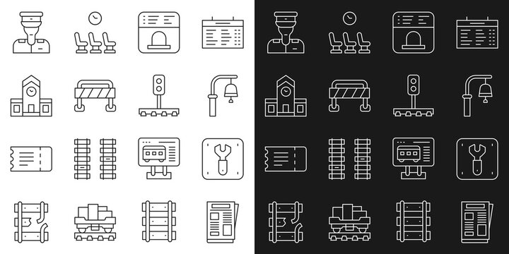 Set Line News, Repair Of Railway, Train Station Bell, Ticket Office To Buy Tickets, Road Barrier, Railway, Conductor And Traffic Light Icon. Vector