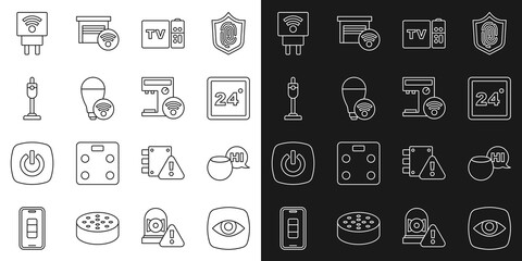 Set line Security camera, Voice assistant, Thermostat, Multimedia and TV box receiver, Smart light bulb, Vacuum cleaner, electric plug and coffee machine icon. Vector