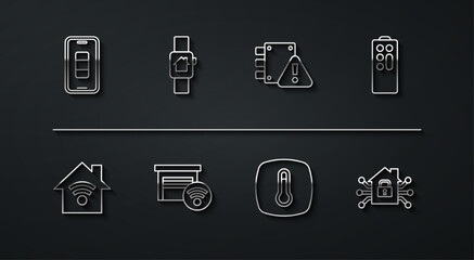 Set line Smartphone battery charge, home with wi-fi, Remote control, Thermostat, garage, smart watch, and House under protection icon. Vector