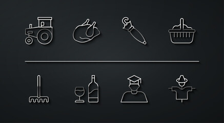 Set line Tractor, Garden rake, Basket, Graduate and graduation cap, Wine bottle with glass, Roasted turkey chicken, Scarecrow and Umbrella icon. Vector