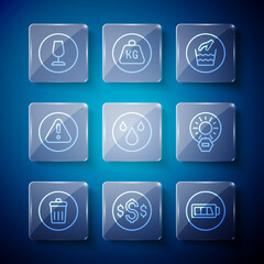 Set line Trash can, Dollar symbol, Battery, Hand wash laundry, Water drop, Exclamation mark in triangle, Fragile broken glass and No direct sunlight icon. Vector