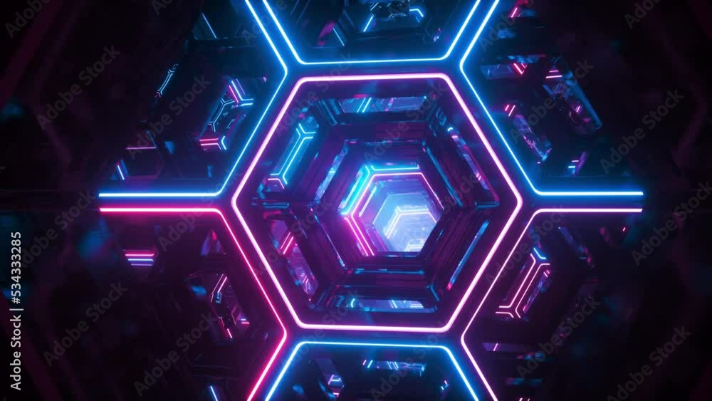 Aufkleber flying through an endless neon tunnel. infinite cyberspace, virtual reality immersion, diving into f