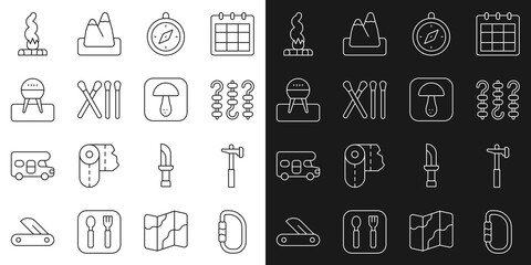 Set line Carabiner, Hammer, Grilled shish kebab on skewer, Compass, Match stick, Barbecue grill, Campfire and Mushroom icon. Vector