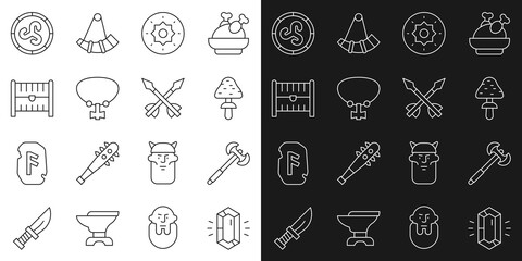 Set line Gem stone, Medieval poleaxe, Mushroom, Shield viking, Necklace with gem, Antique treasure chest, and arrows icon. Vector