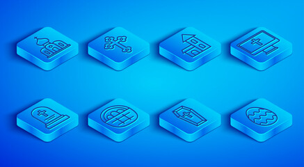 Obraz premium Set line Church building, Christian cross, Basket with easter eggs, Coffin, on monitor, Grave tombstone and Easter icon. Vector