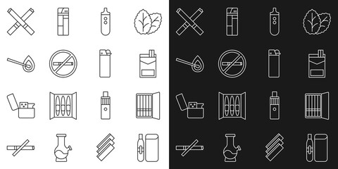 Set line Electronic cigarette, Cigarette case, Cigarettes pack box, No smoking, Burning match with fire, and Lighter icon. Vector