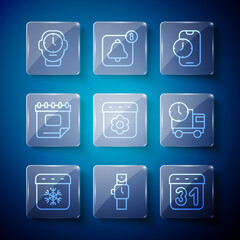 Set line Calendar winter, Wrist watch, Alarm clock app mobile, spring, Clock and Delivery truck and time icon. Vector