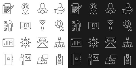 Set line Identification badge, Employee hierarchy, Worker, Productive human, Search job, Resume, and Tie icon. Vector
