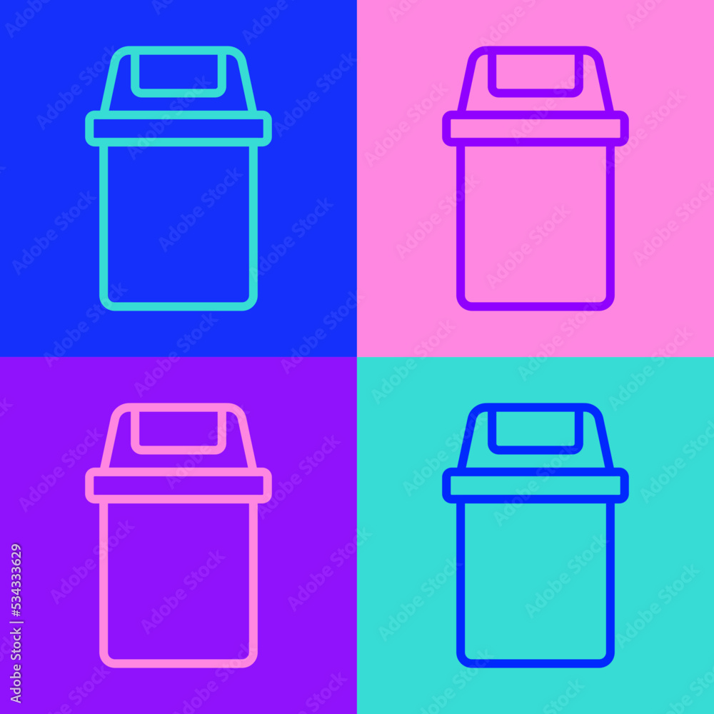Poster pop art line trash can icon isolated on color background. garbage bin sign. recycle basket icon. off