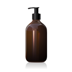 Blank brown glass bottle mockup with pump isolated on white background. Dark amber glass package. Realistic shampoo or soap dispenser. 3d vector healthcare mockup template