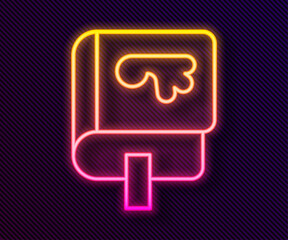Glowing neon line Viking book icon isolated on black background. Vector