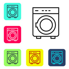 Black line Washer icon isolated on white background. Washing machine icon. Clothes washer - laundry machine. Home appliance symbol. Set icons in color square buttons. Vector