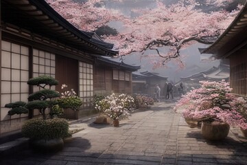 Traditional Japanese house with blossoms