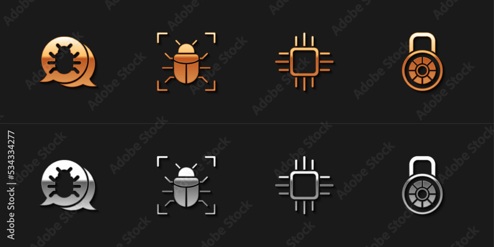 Poster set system bug, , processor with microcircuits cpu and safe combination lock icon. vector