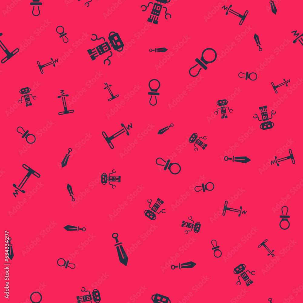 Poster set sword toy, robot, pogo stick jumping and baby dummy pacifier on seamless pattern. vector