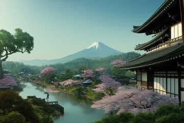 Obraz premium Traditional Japanese house with blossoms