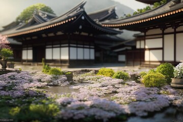 Fototapeta premium Traditional Japanese house with blossoms