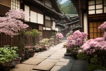 Fototapeta premium Traditional Japanese house with blossoms