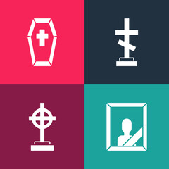 Obraz premium Set pop art Mourning photo frame, Grave with cross, and Coffin icon. Vector