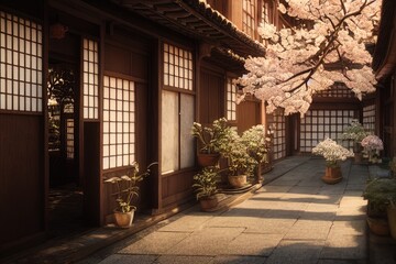 Fototapeta na wymiar Traditional Japanese house with blossoms