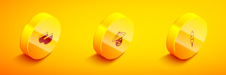 Set Isometric Chinese tea ceremony, man and Meatballs wooden stick icon. Vector