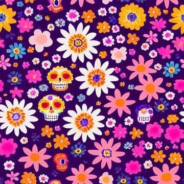 A repeatable, seamless pattern of flowers and skulls, "Calavera de azucar". Perfect for wallpapers, wrappings, cards etc.