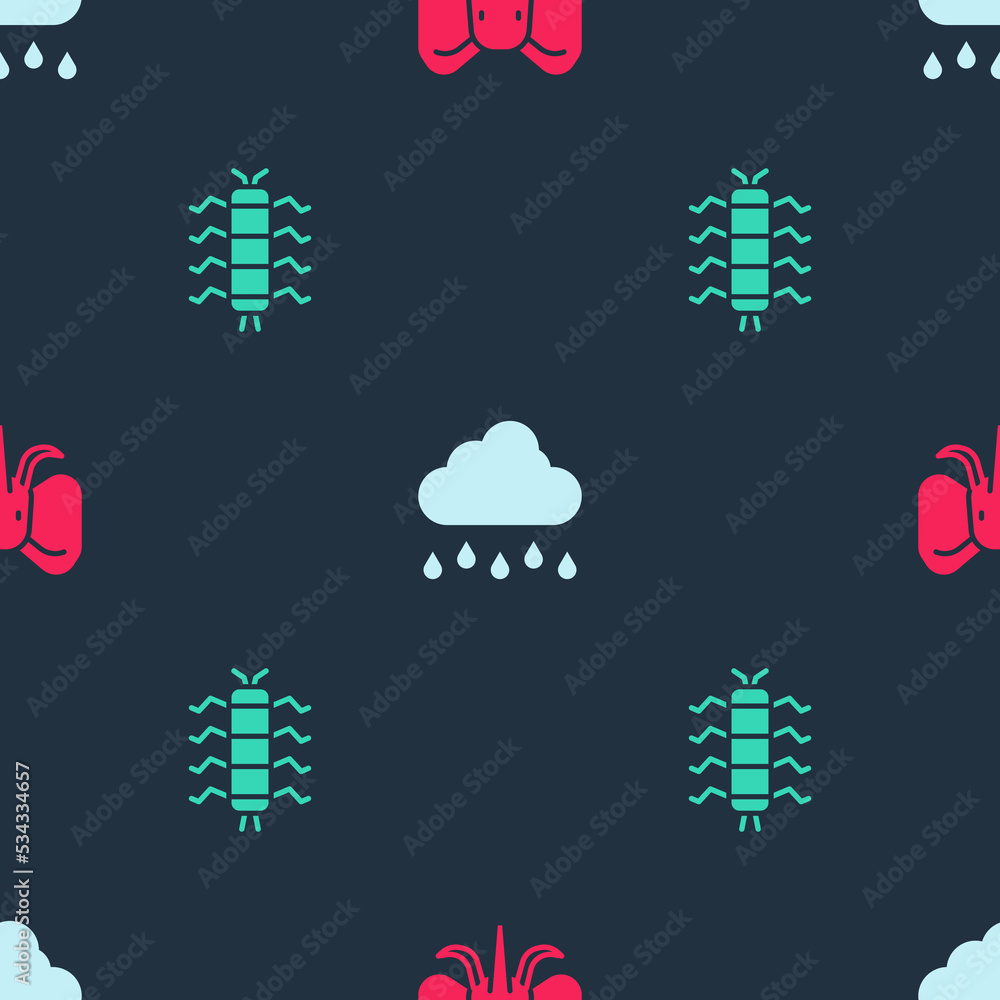 Poster set elephant, cloud with rain and centipede insect on seamless pattern. vector