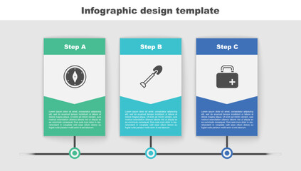 Set Compass, Shovel and First aid kit. Business infographic template. Vector