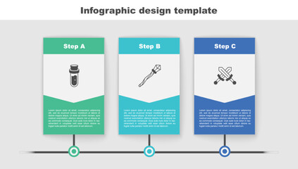 Set Bottle with potion, Magic staff and Crossed medieval sword. Business infographic template. Vector