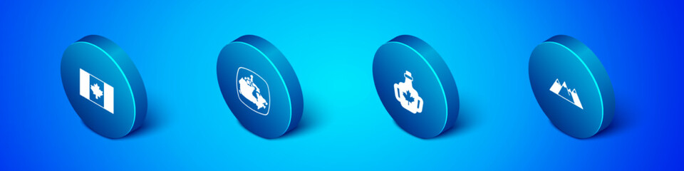 Set Isometric Flag of Canada, Bottle maple syrup, Mountains and icon. Vector