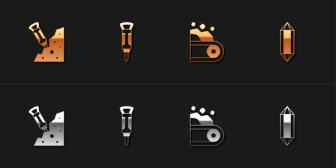Set Construction jackhammer, Conveyor belt carrying coal and Gem stone icon. Vector