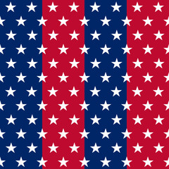 Seamless pattern with american stars on blue and red striped background. Print textile design. Color fabric texture