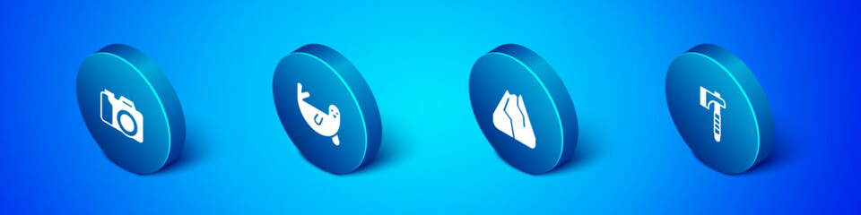 Set Isometric Photo camera, Mountains, Wooden axe and Fur seal animal icon. Vector