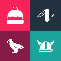 Set pop art Viking in horned helmet, Albatross, Swiss army knife and Beanie hat icon. Vector