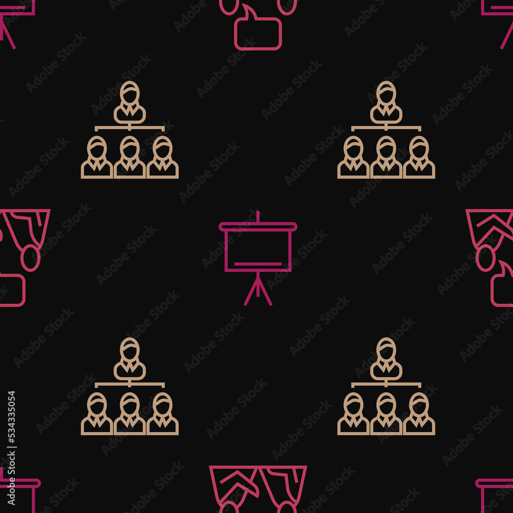 Poster set line two sitting men talking, hierarchy organogram chart and chalkboard on seamless pattern. vec