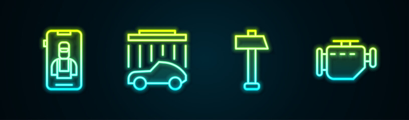 Set line Online car services, Car wash, Hammer and Check engine. Glowing neon icon. Vector