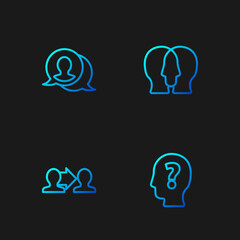 Set line Head with question mark, Project team base, Speech bubble chat and . Gradient color icons. Vector