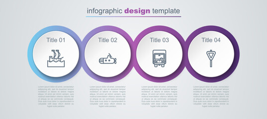 Set line Sailboat, Submarine, Delivery cargo truck and Road traffic signpost. Business infographic template. Vector