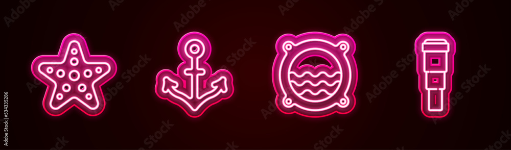 Wall mural set line starfish, anchor, ship porthole with seascape and spyglass telescope lens. glowing neon ico