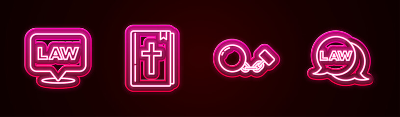 Set line Location law, Holy bible book, Ball chain and Law. Glowing neon icon. Vector