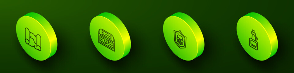 Set Isometric line Pirate treasure map, Antique chest, Shield with pirate skull and Alcohol drink Rum icon. Vector