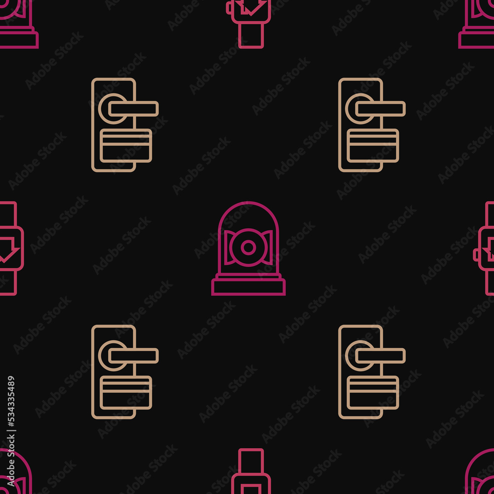 Sticker Set line Smart home with smart watch, Digital door lock and Ringing alarm bell on seamless pattern. Vector