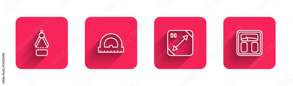 Poster set line drawing compass, protractor, diagonal measuring and bathroom scales with long shadow. red s