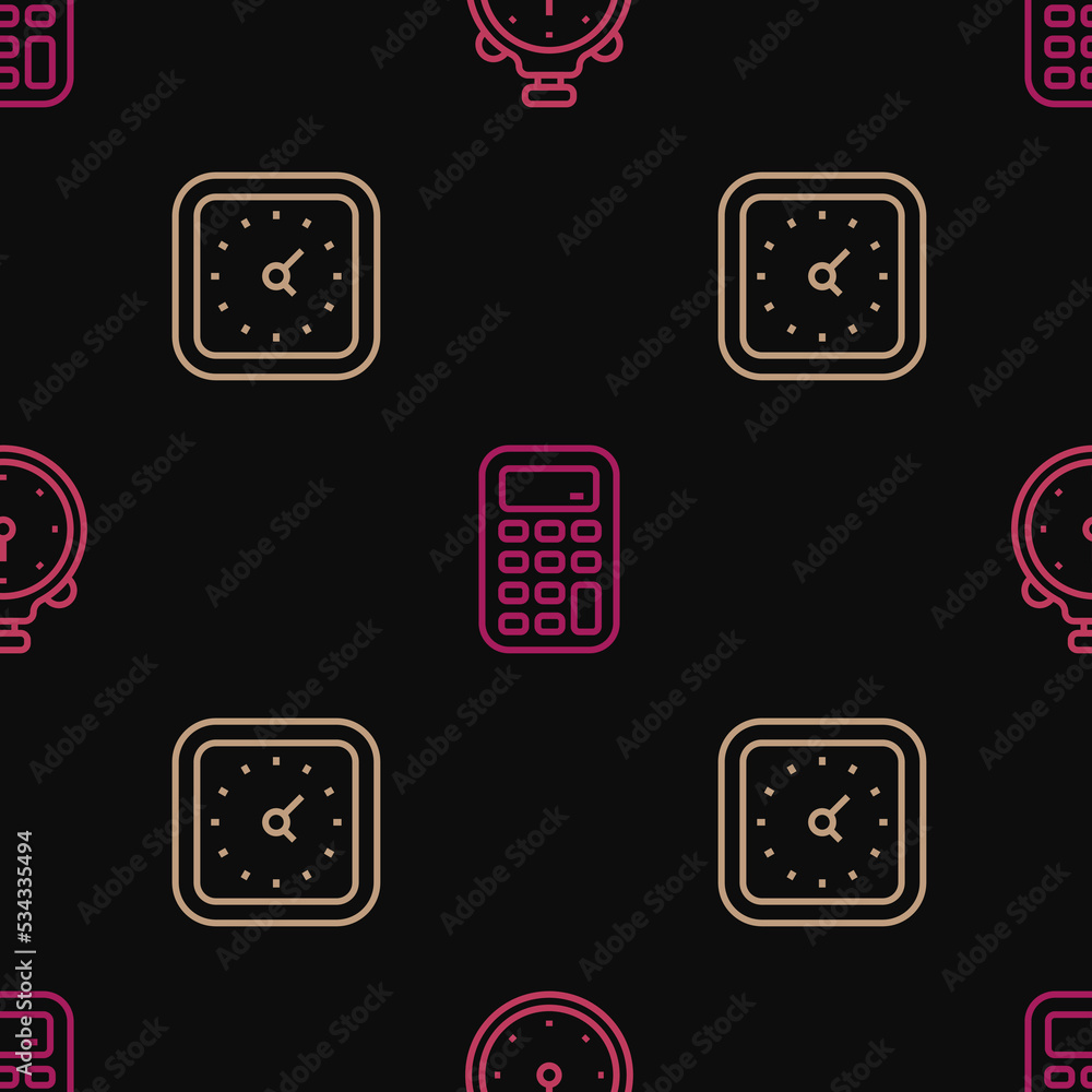 Poster set line stopwatch, clock and calculator on seamless pattern. vector