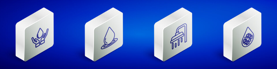 Set Isometric line Washing hands with soap, Water drop, Shower head and Defrosting icon. Vector