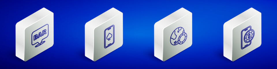 Set Isometric line Alcohol bar location, Online poker table game, Casino chips and icon. Vector