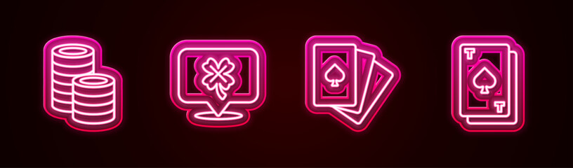 Set line Casino chips, slot machine with clover, Deck of playing cards and Playing spades. Glowing neon icon. Vector