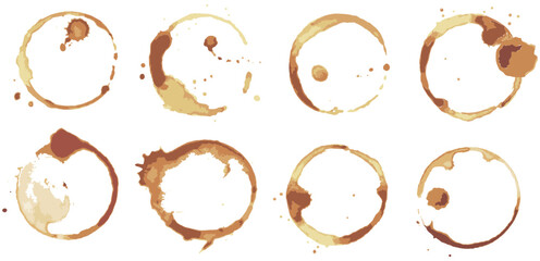 Coffee or tea stain set, splashes of cups, mugs and drops. High quality abstract shape for menu, bar, cafe, restaurant. Ink, paint or other liquid cup stain. Trace from mug with drink vector